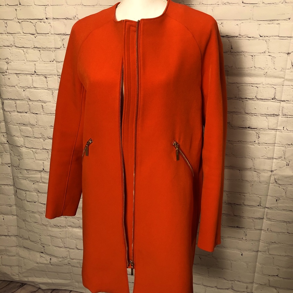 H & M Car Coat in Orange Red Crepe w/ Gold Accents